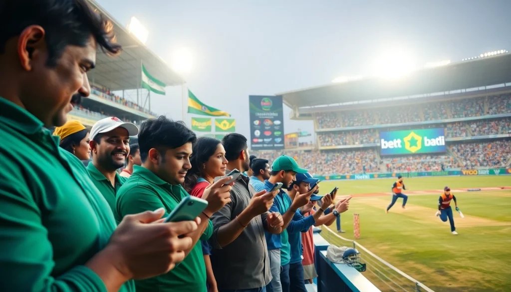 Engaged fans utilizing the best sports betting sites India during an exciting cricket match.