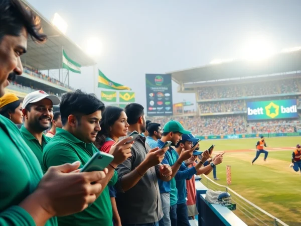 Engaged fans utilizing the best sports betting sites India during an exciting cricket match.
