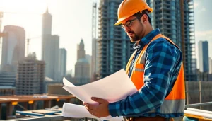 Manhattan General Contractor managing a bustling construction site against the Manhattan skyline.