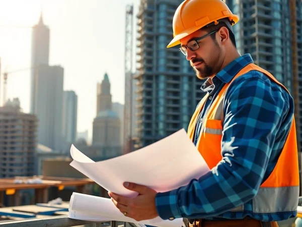 Manhattan General Contractor managing a bustling construction site against the Manhattan skyline.