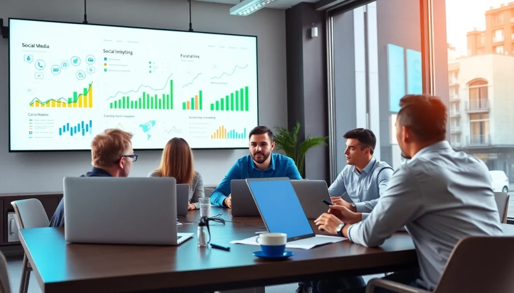 Engaged team analyzing the best smm panel performance metrics in a modern office.