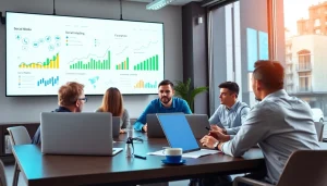 Engaged team analyzing the best smm panel performance metrics in a modern office.