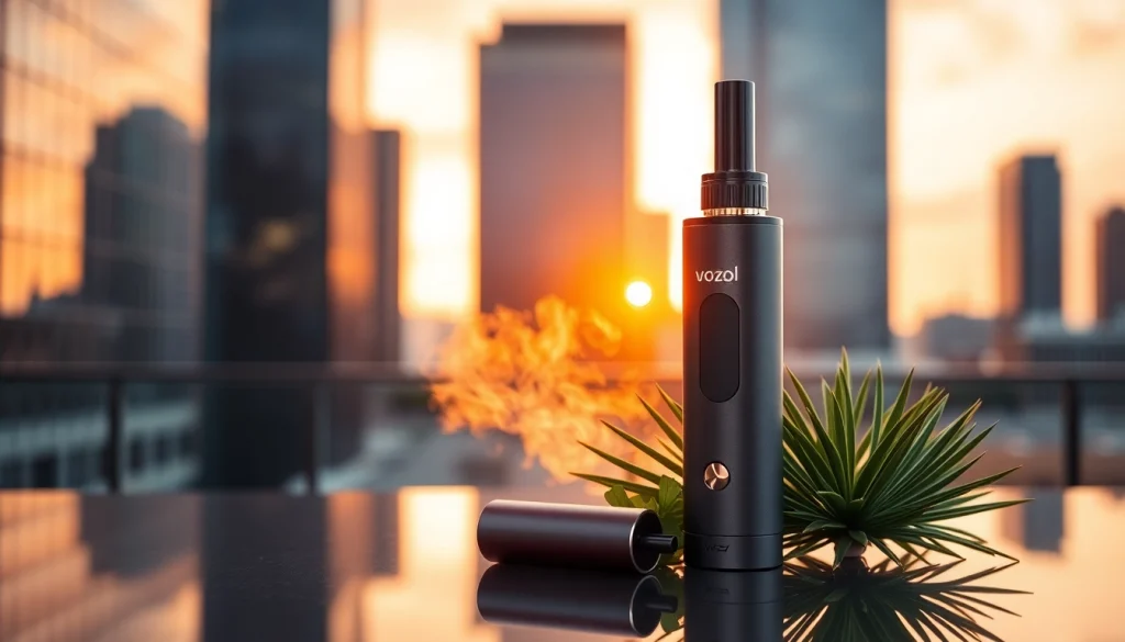 Vozol Gerät auf einem eleganten Tisch mit urbanem Hintergrund und entspannter Atmosphäre.