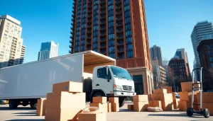 Toronto movers efficiently loading boxes into a truck in a bustling city environment.