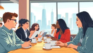 Job seekers collaborating in a coffee shop while searching for Chicago jobs.