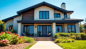 Real Estate captivating modern home exterior with bright garden and clear sky