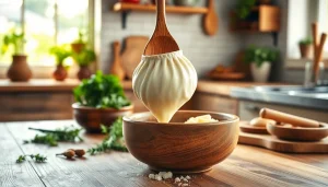 Kaasdoek gebruikt voor het zeven van vers gemaakte kaas in een zonnige keuken.