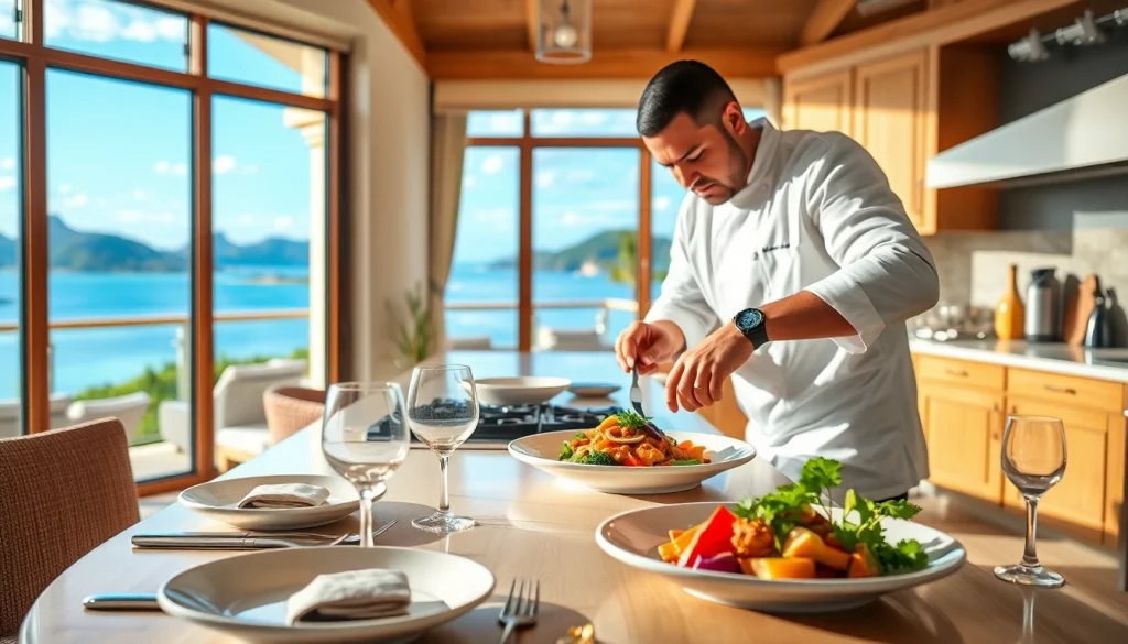 Sint Maarten private chef expertly creating a gourmet dish in a tropical villa kitchen.