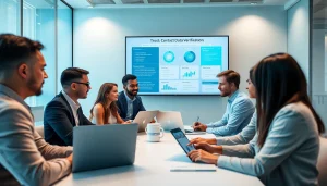 Contact data verification session in a modern office, showcasing teamwork and technology.