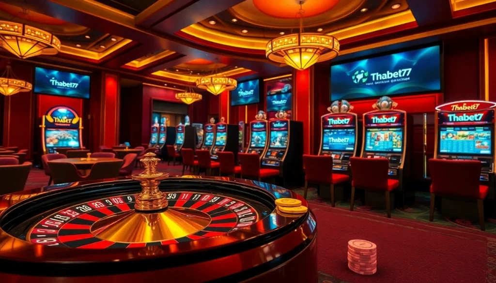 Experience the thrilling ambiance of Thabet77 with luxurious casino tables and vibrant gaming action.