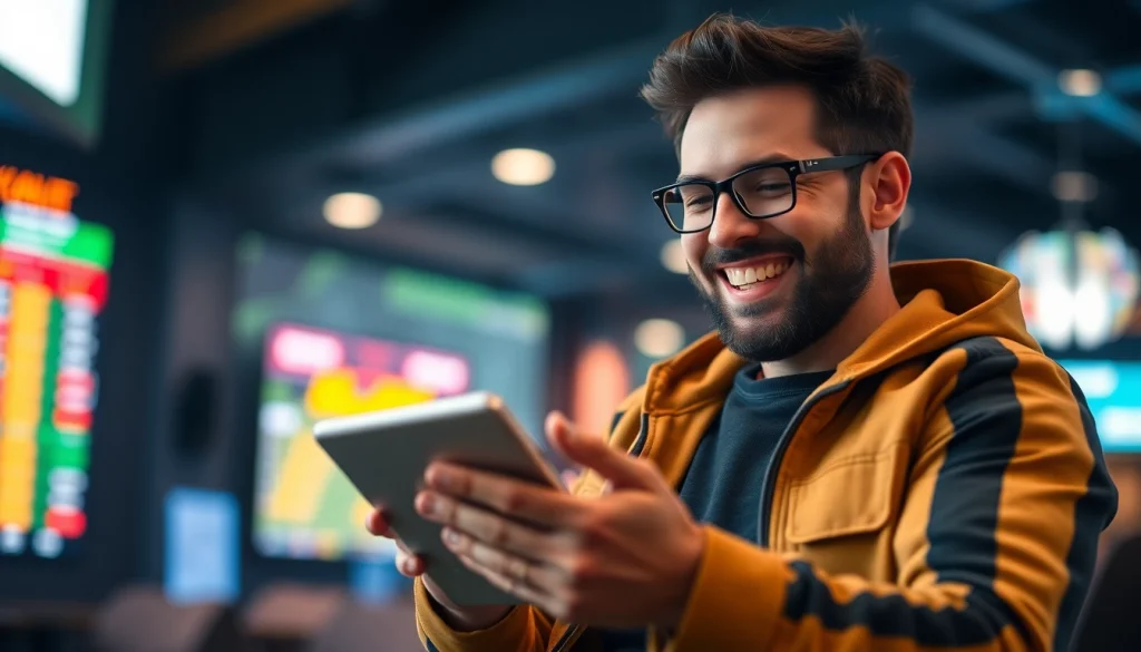 Apostar na melhor casa de apostas do Brasil, com um jogador animado em um ambiente vibrante.