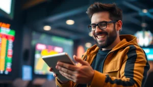 Apostar na melhor casa de apostas do Brasil, com um jogador animado em um ambiente vibrante.