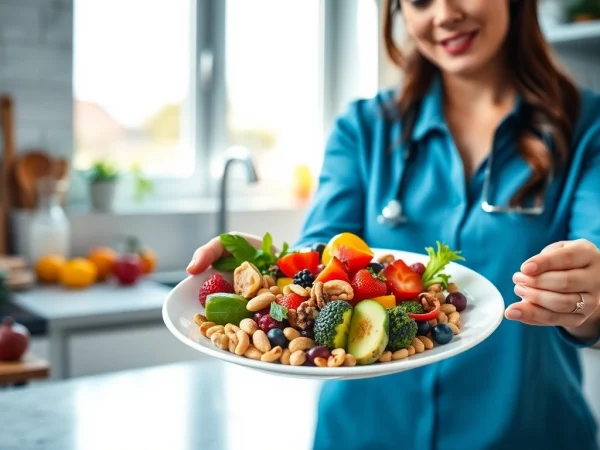 Showcasing a vibrant plate of intermittent fasting foods with fresh fruits and vegetables.