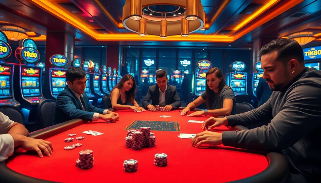 Người chơi đang cạnh tranh quyết liệt tại bàn poker trong bầu không khí sòng bạc Tik88 sôi động.