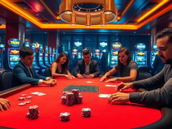 Người chơi đang cạnh tranh quyết liệt tại bàn poker trong bầu không khí sòng bạc Tik88 sôi động.
