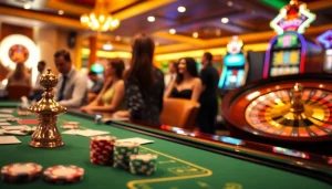 Players enjoying games at a sophisticated casino environment on https://shbet.law/ featuring poker tables and roulette wheels.