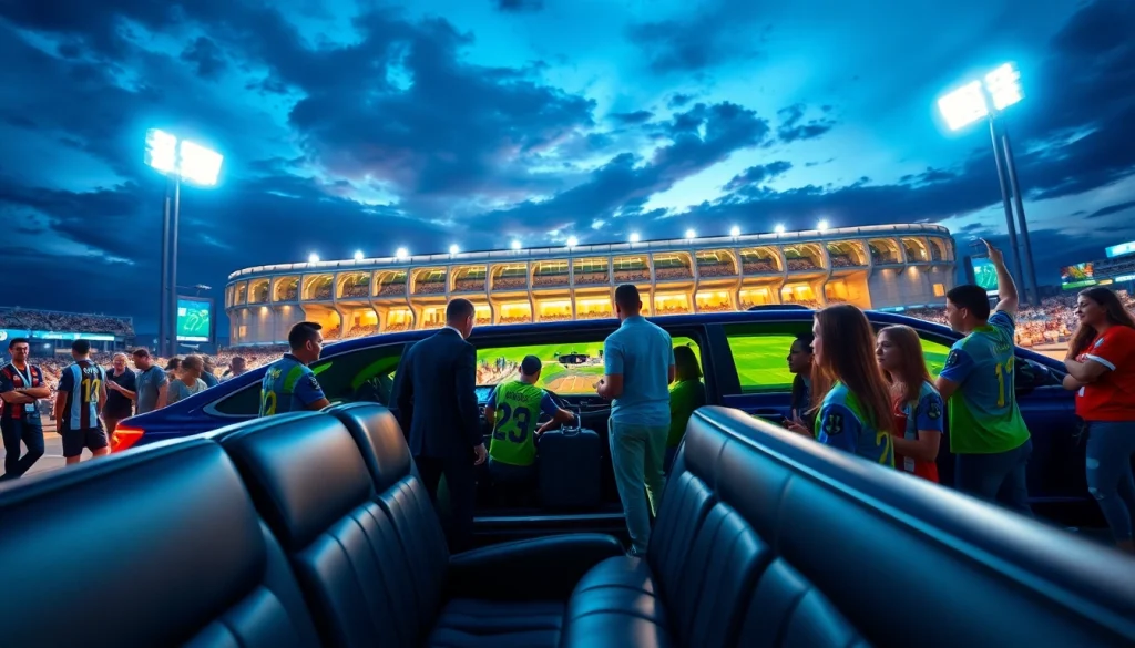 World Cup Group Transportation in a luxury limousine outside a busy soccer stadium with excited fans and a professional chauffeur.