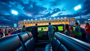 World Cup Group Transportation in a luxury limousine outside a busy soccer stadium with excited fans and a professional chauffeur.