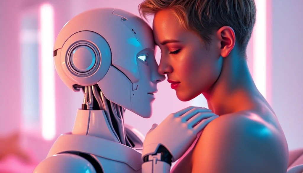 Engaging moment between a human and AI robot showcasing the theme of ai sex in an intimate setting.