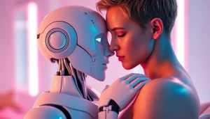 Engaging moment between a human and AI robot showcasing the theme of ai sex in an intimate setting.