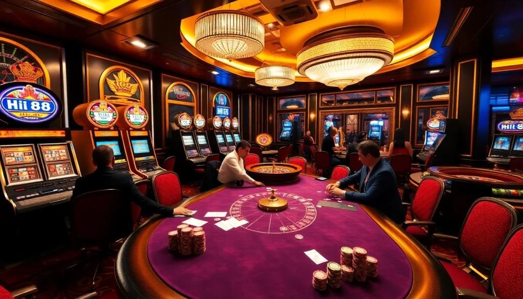 Players enjoying the excitement of Hi88 at a luxurious casino table.