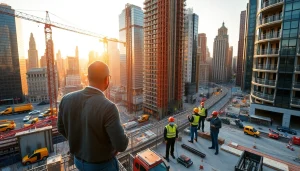 New York City Construction Manager directing a construction site with teamwork and urban elements.