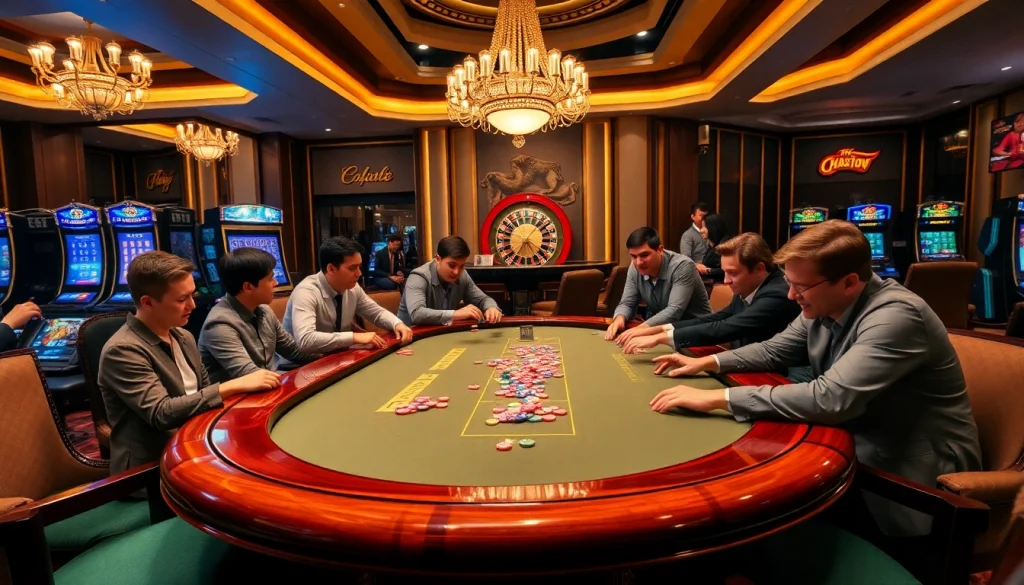 Players strategize and place bets at a luxurious poker table in a casino, inspired by "Nếu như vậy bám vào đây."