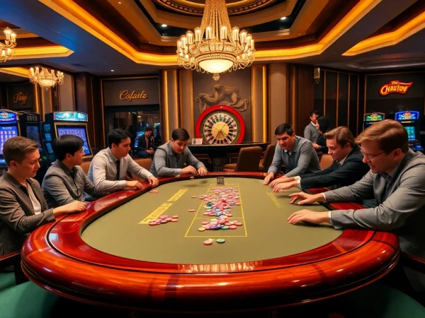 Players strategize and place bets at a luxurious poker table in a casino, inspired by "Nếu như vậy bám vào đây."