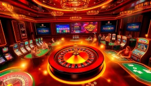 Experience the excitement at Nhà Cái Hay88 with vibrant casino tables, roulette wheels, and dynamic gameplay.