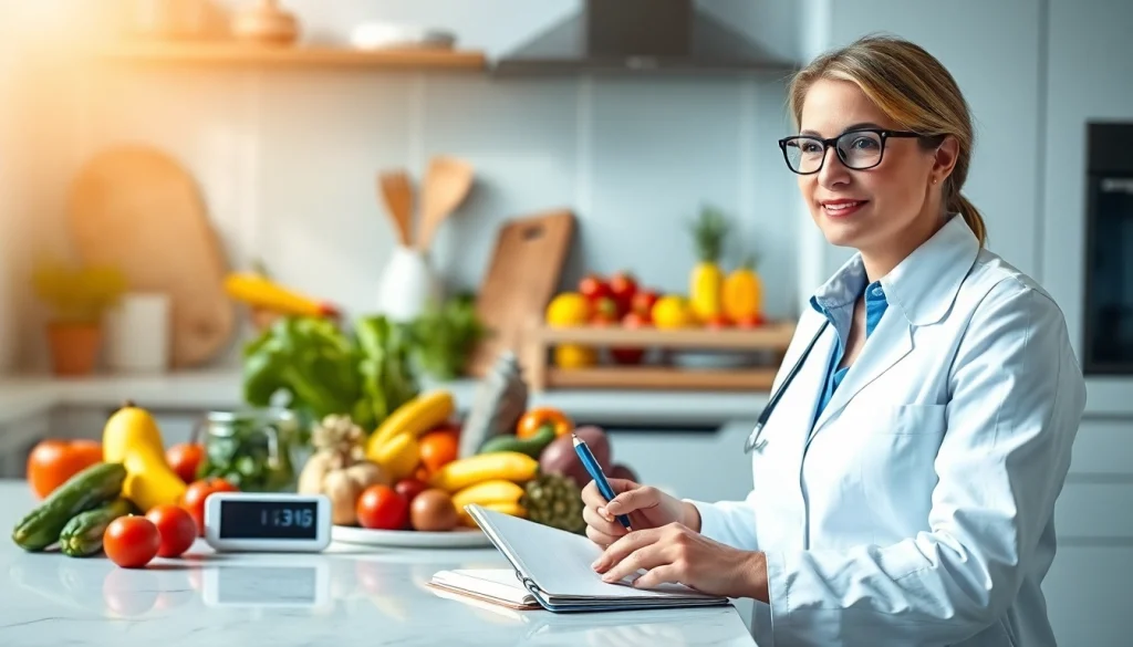 Exploring the benefits of intermittent fasting with a nutritionist in a vibrant kitchen.