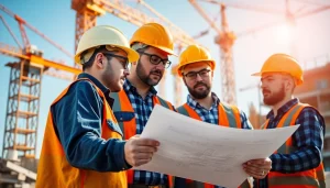 Engaged professionals at the southern california contractors association construction site working on a blueprint.