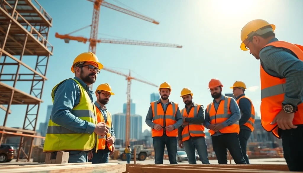 Workers collaborating on a large Austin construction project, showcasing teamwork and professionalism.