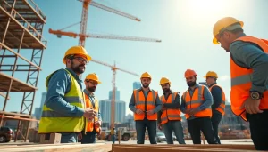 Workers collaborating on a large Austin construction project, showcasing teamwork and professionalism.