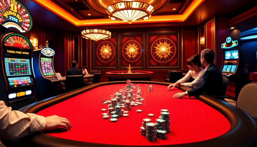 Experience the vibrant energy of trang chủ 789bet with players at a poker table and a roulette wheel in the background.