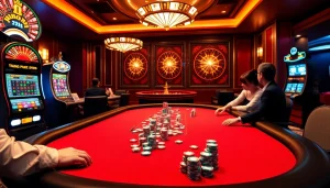 Experience the vibrant energy of trang chủ 789bet with players at a poker table and a roulette wheel in the background.