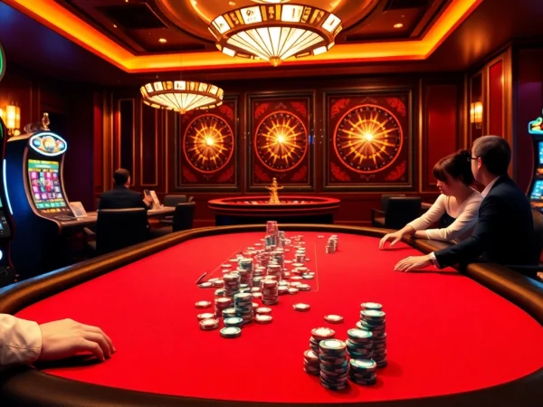 Experience the vibrant energy of trang chủ 789bet with players at a poker table and a roulette wheel in the background.