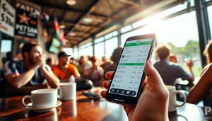 Engage with sports betting apps Georgia on a smartphone in a lively café setting.