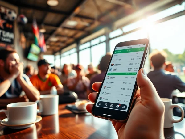 Engage with sports betting apps Georgia on a smartphone in a lively café setting.