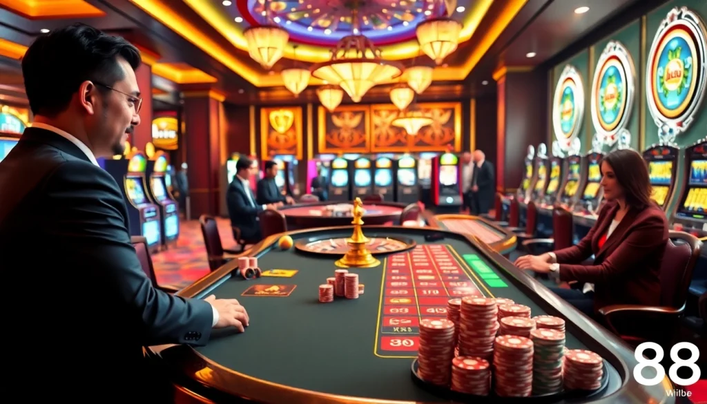 Players enjoying a thrilling game at Hi88's luxurious casino, with vibrant poker chips and colorful slot machines.