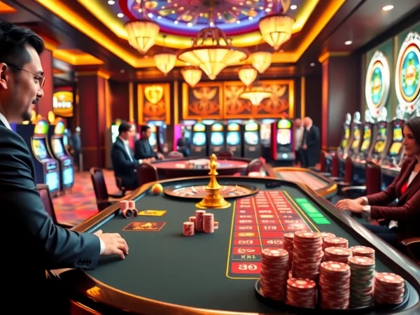 Players enjoying a thrilling game at Hi88's luxurious casino, with vibrant poker chips and colorful slot machines.