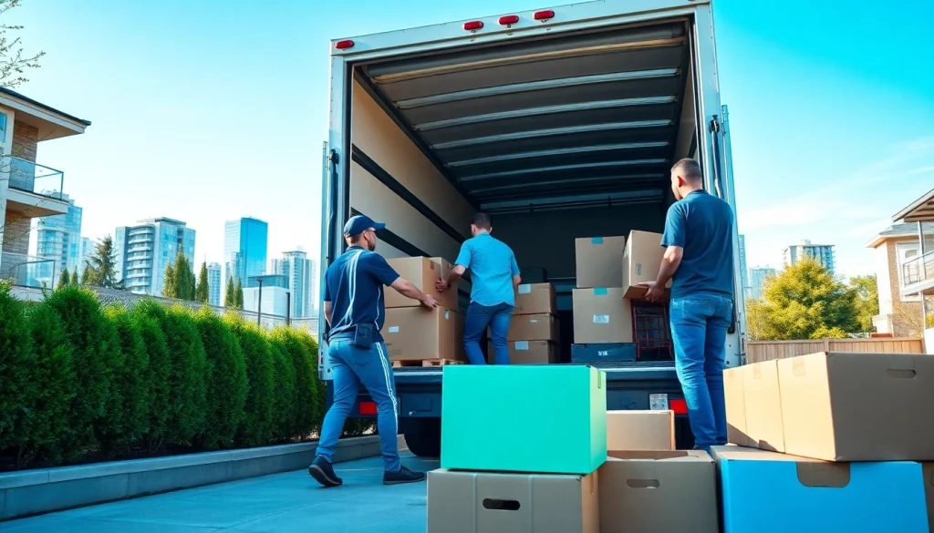 Skilled workers from a moving company Vancouver loading boxes into a truck in a bright city setting.