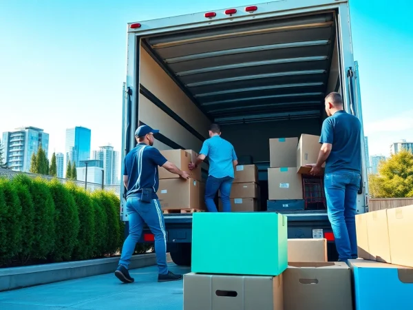 Skilled workers from a moving company Vancouver loading boxes into a truck in a bright city setting.