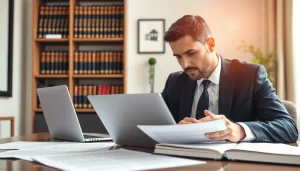 Real estate lawyer reviewing a contract in a professional office setting.