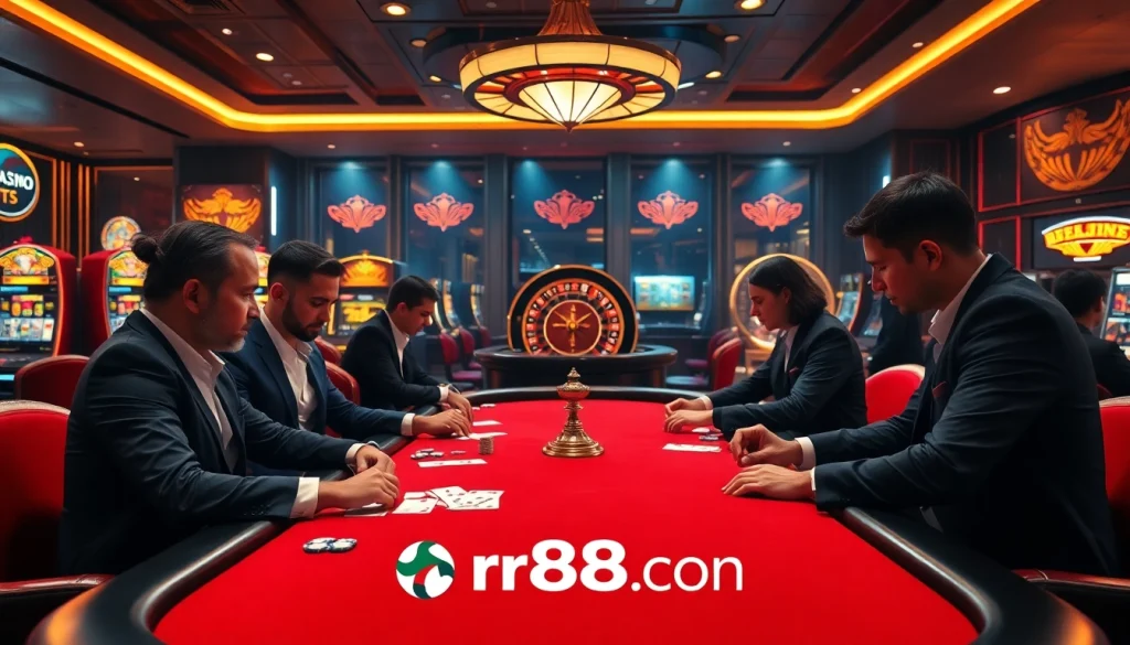 Engaging gamblers around a poker table at rr88.com, showcasing an exciting casino atmosphere with rich decor.