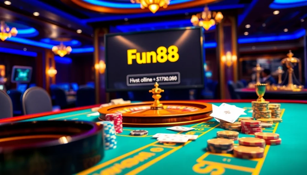 Engage with the Fun88 link at a lively casino table, featuring poker chips and a roulette wheel.