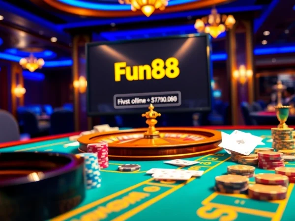 Engage with the Fun88 link at a lively casino table, featuring poker chips and a roulette wheel.