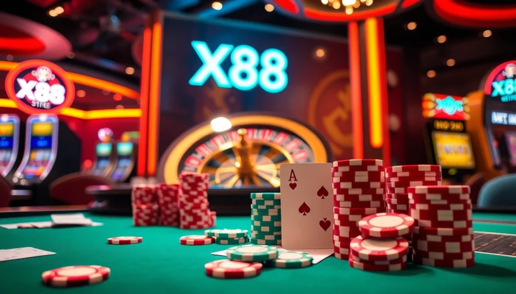 Experience thrilling gameplay at X88 with vibrant casino tables and exciting slot machines.