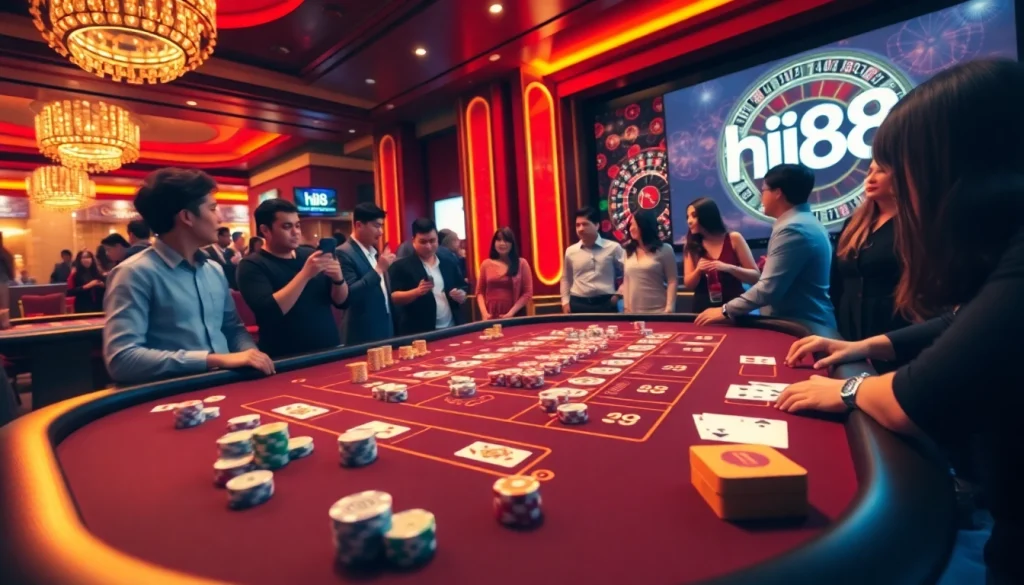 Hi88 players enjoying an exhilarating casino experience at a high-stakes table.