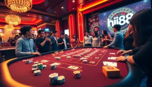 Hi88 players enjoying an exhilarating casino experience at a high-stakes table.