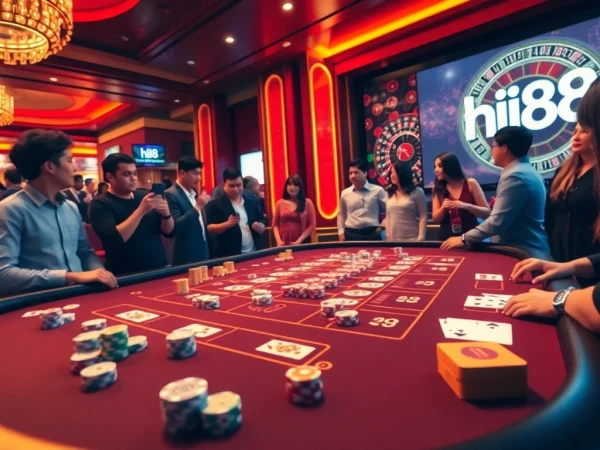 Hi88 players enjoying an exhilarating casino experience at a high-stakes table.